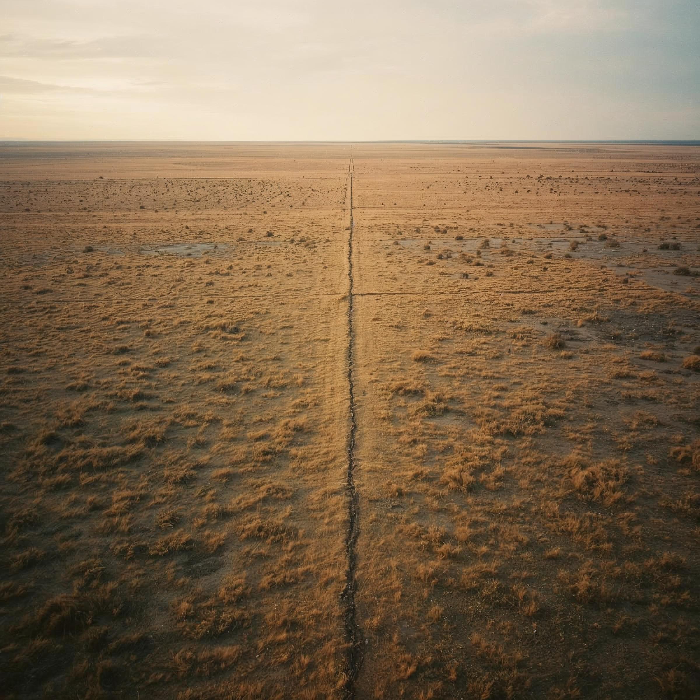 Aerial view of dry agricultural terrain divided by a narrow path