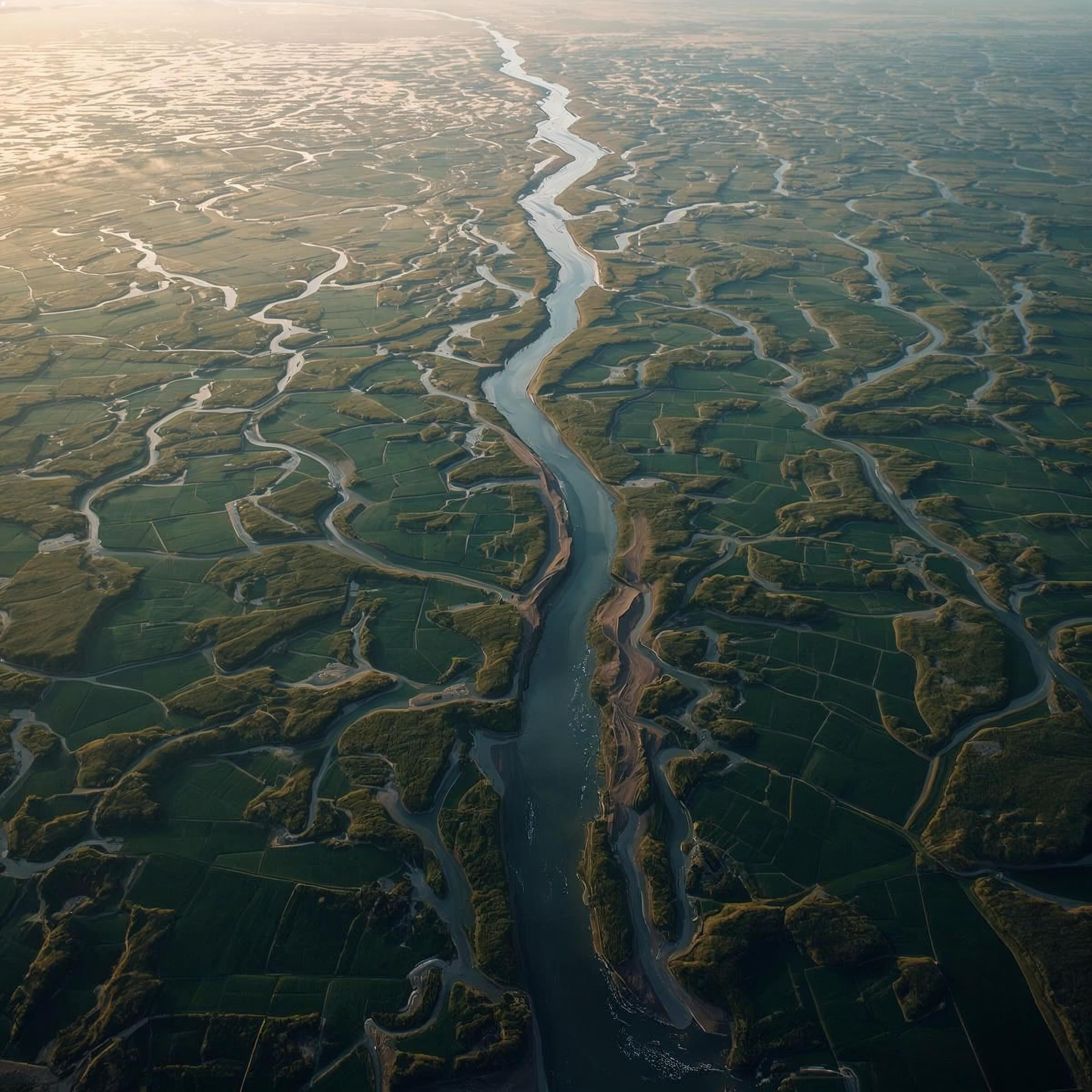 Aerial view of winding river channels through green marshland