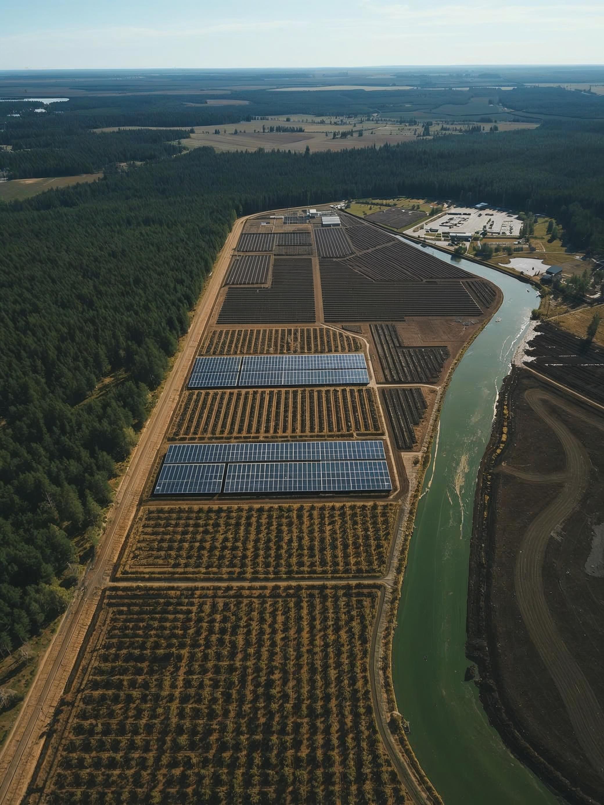 Aerial view of solar panels integrated with agricultural fields