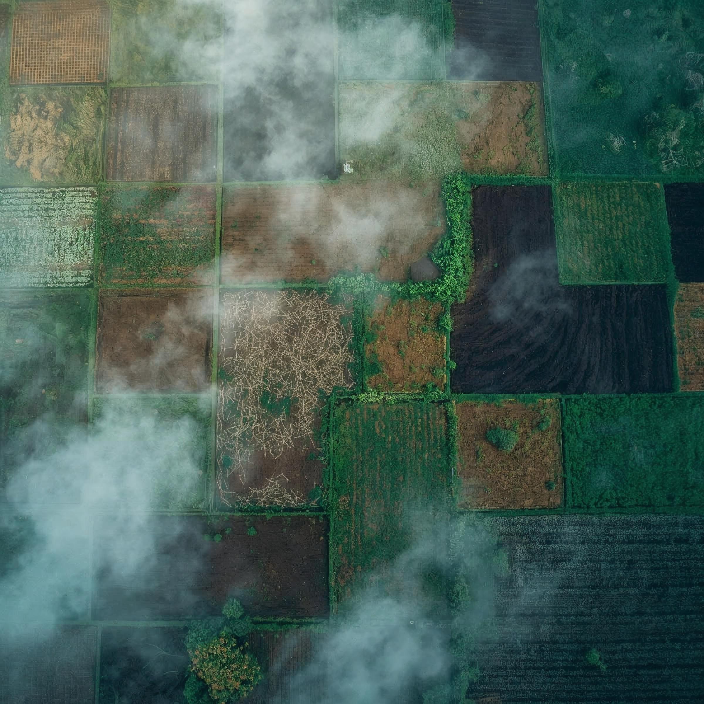 Aerial view of agricultural fields in a patchwork grid partially covered by clouds