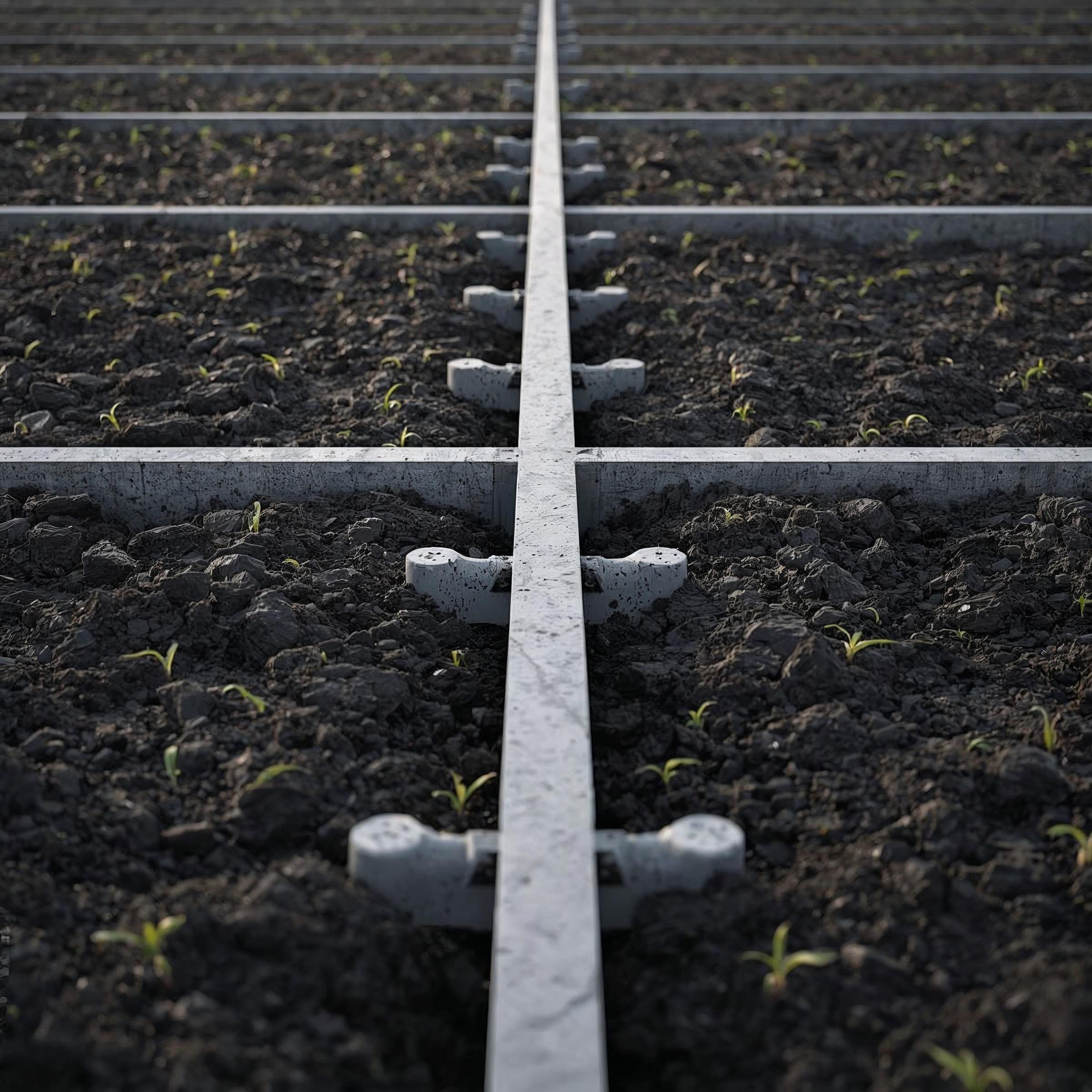 Concrete grid channels with seedlings sprouting in dark soil