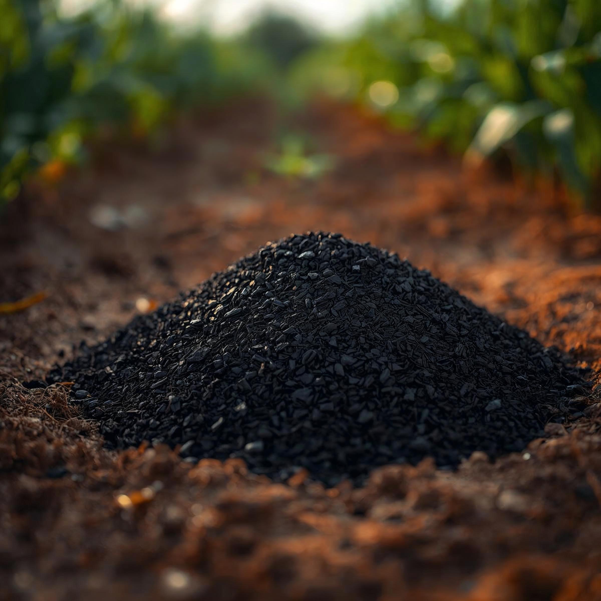 Close-up of biochar on soil with green crops in the background