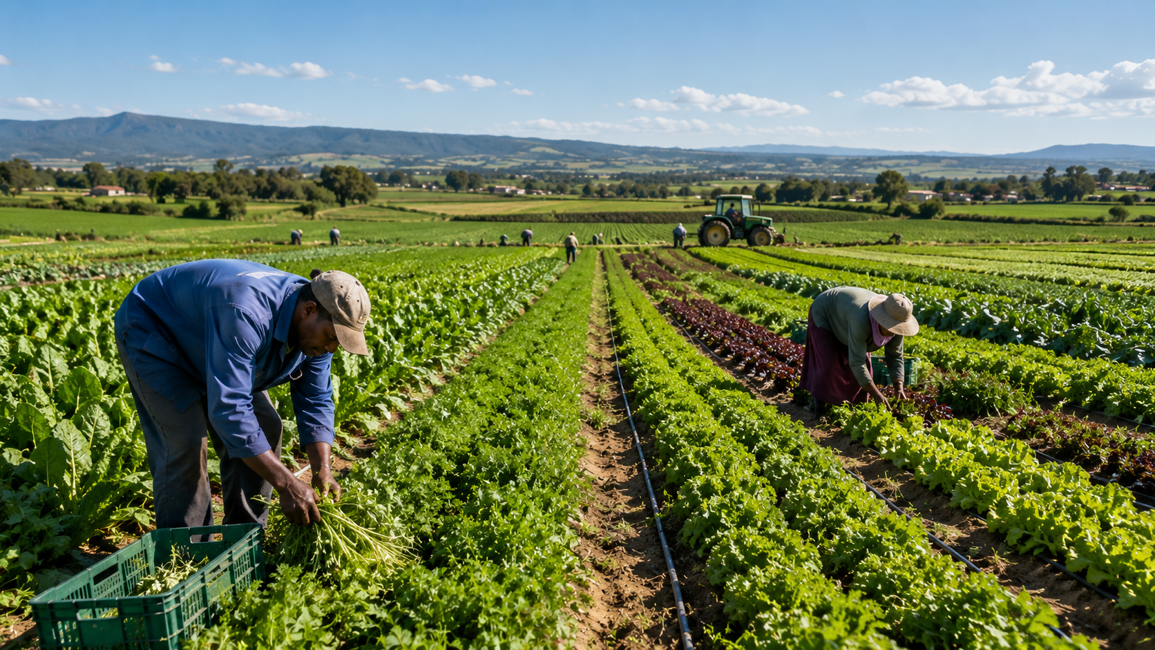 Farmworkers harvesting rows of green and purple leafy crops in a wide field