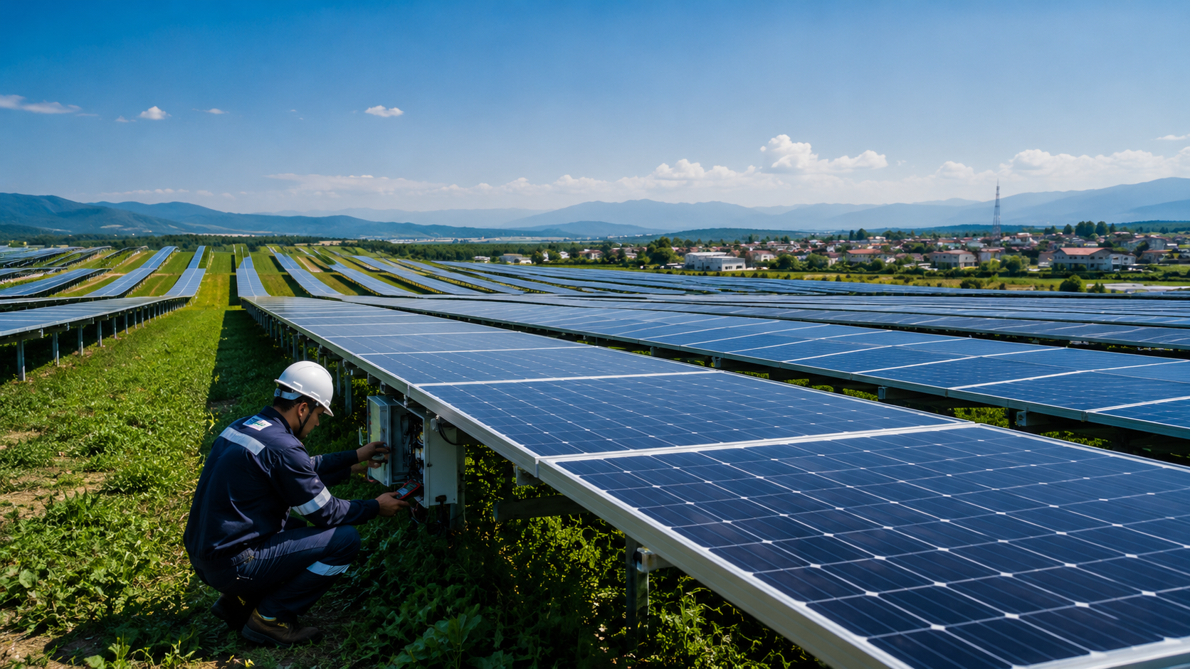 Technician maintaining solar panels in a large solar farm with hills in the background