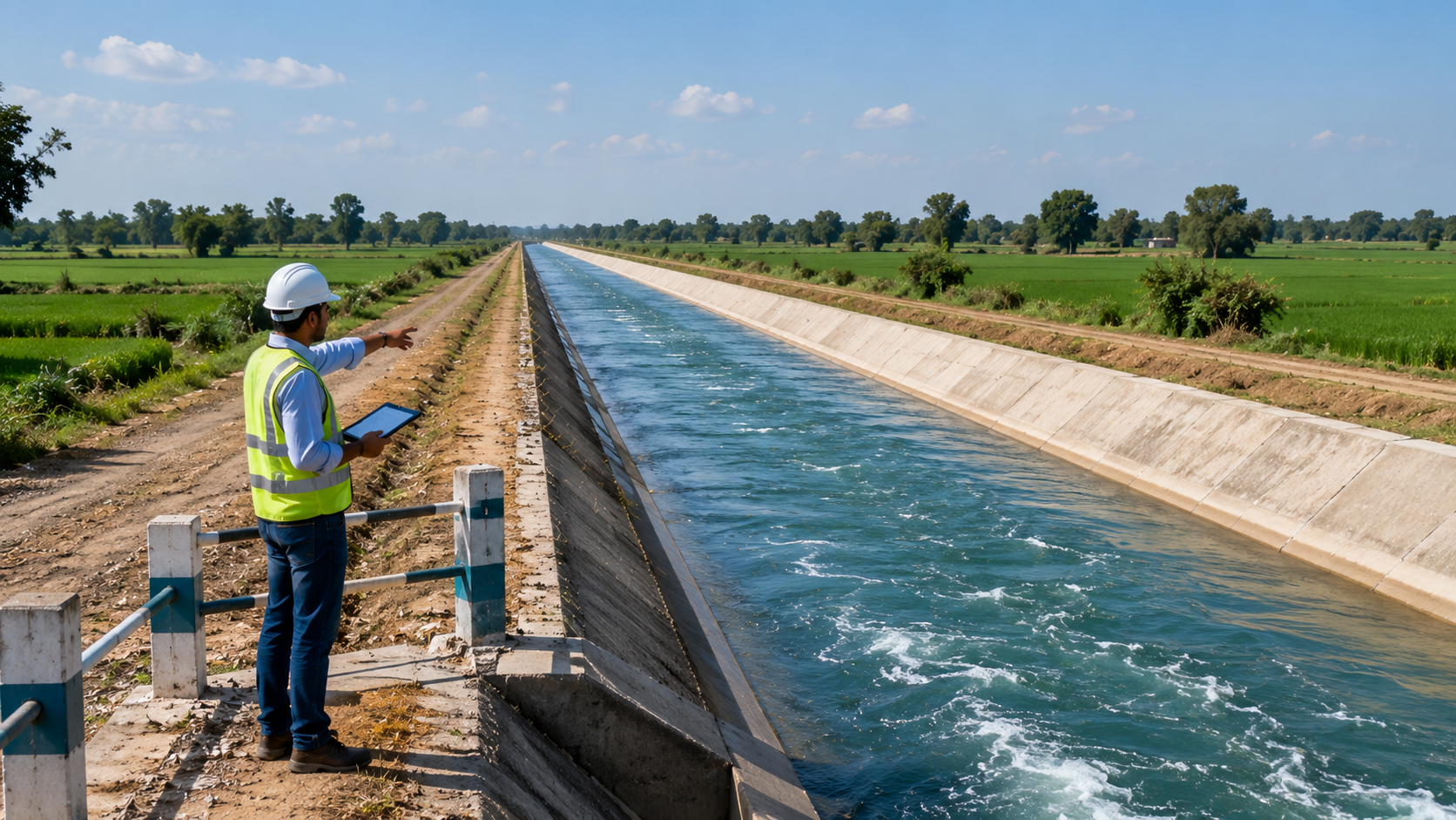 Engineer in a safety vest inspecting a concrete irrigation canal through green farmland