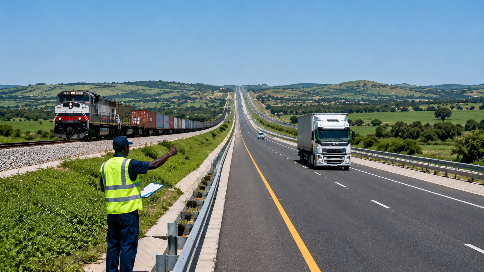Highway and railway through rolling green hills with freight train and truck