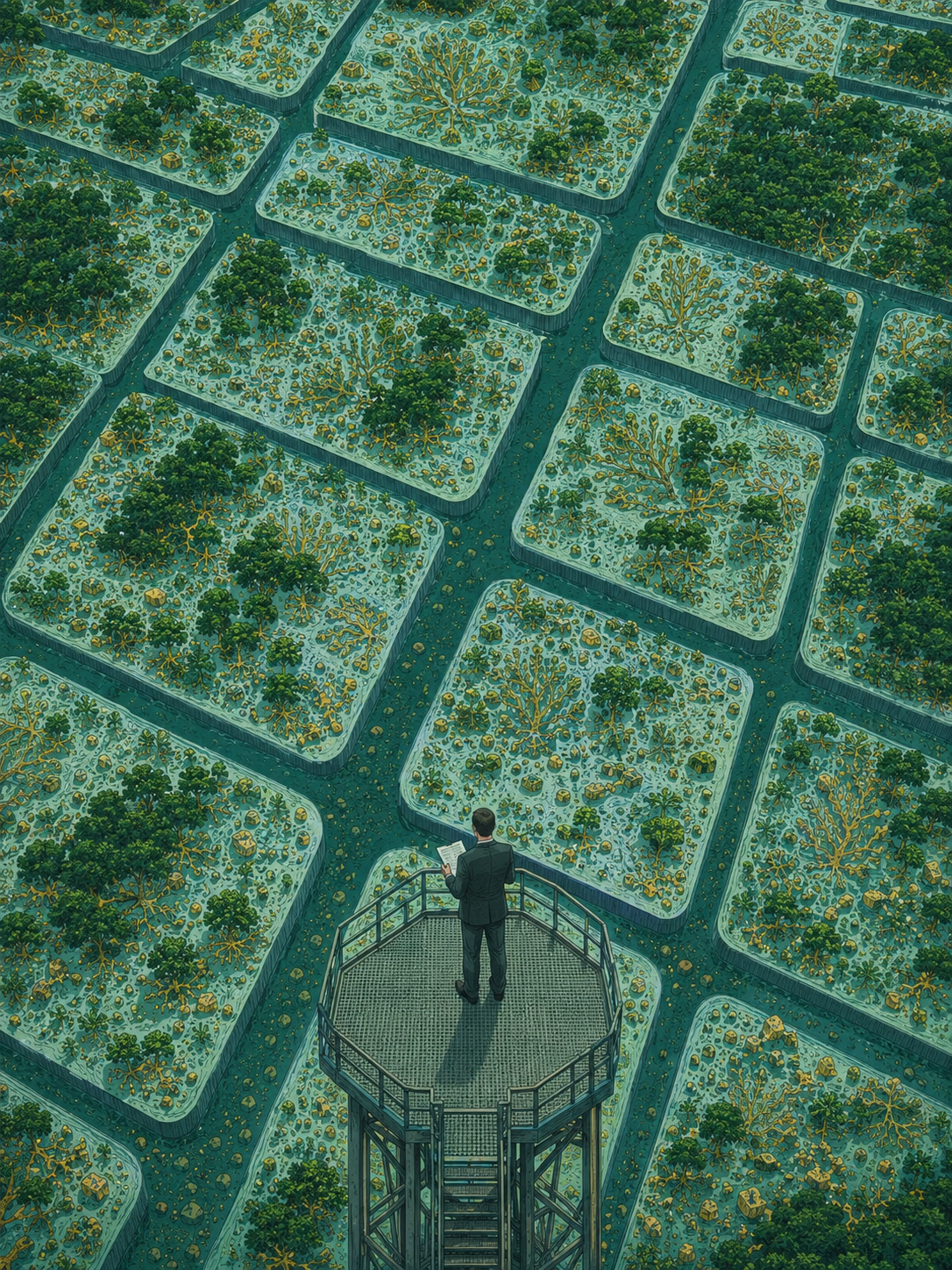 Aerial view of a structured green landscape grid with a business figure on an observation platform