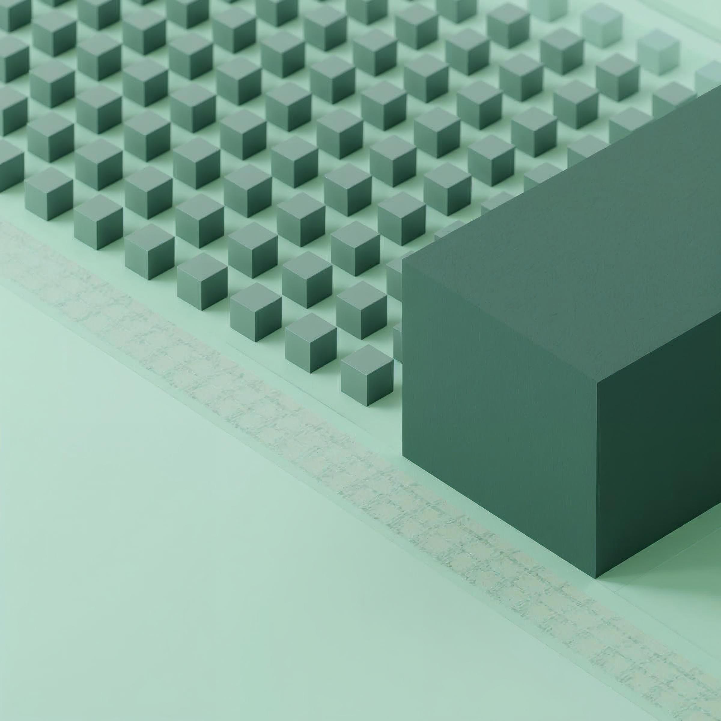 3D illustration of small green cubes organized beside a large block on a mint surface