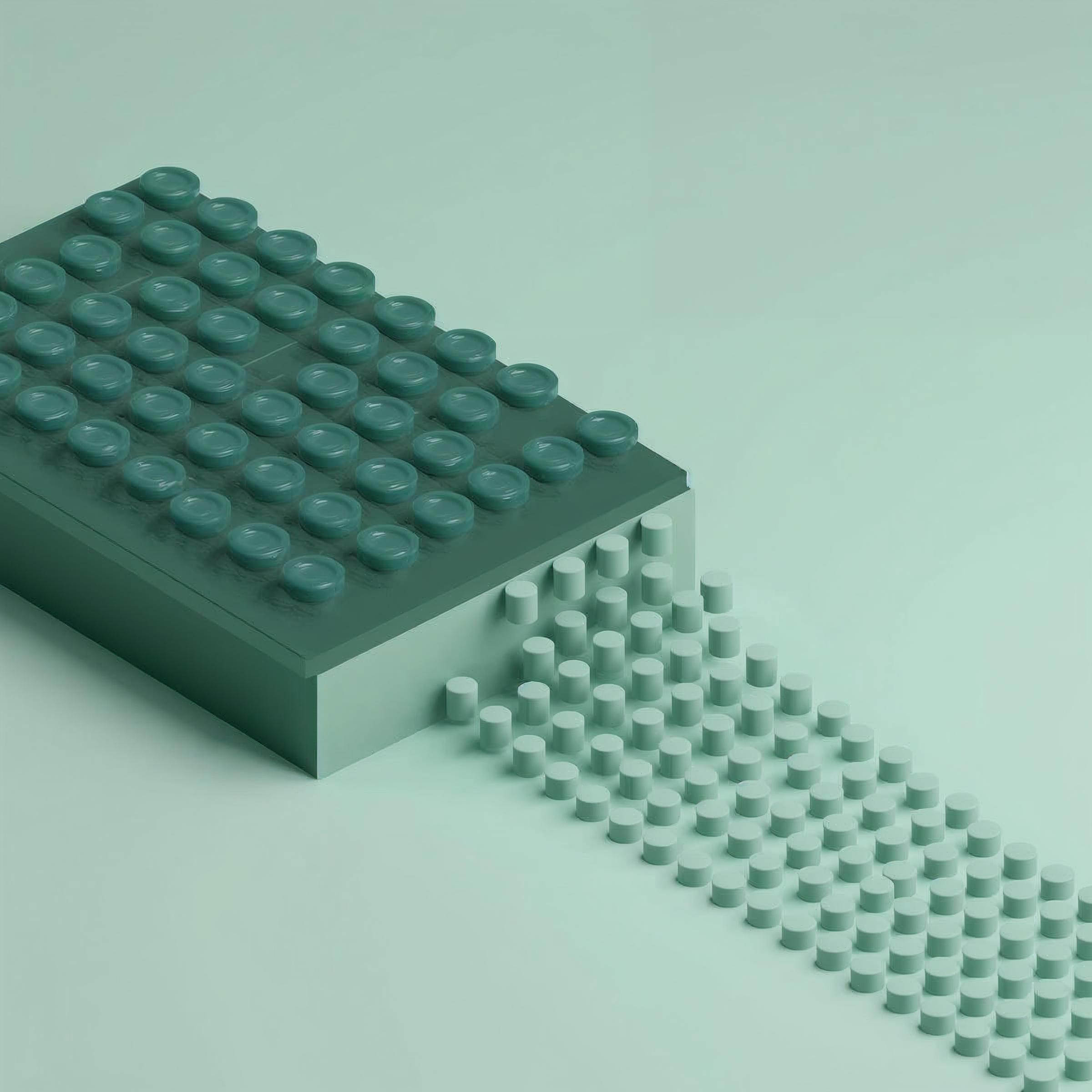 3D illustration of green cylinders flowing from a large modular block