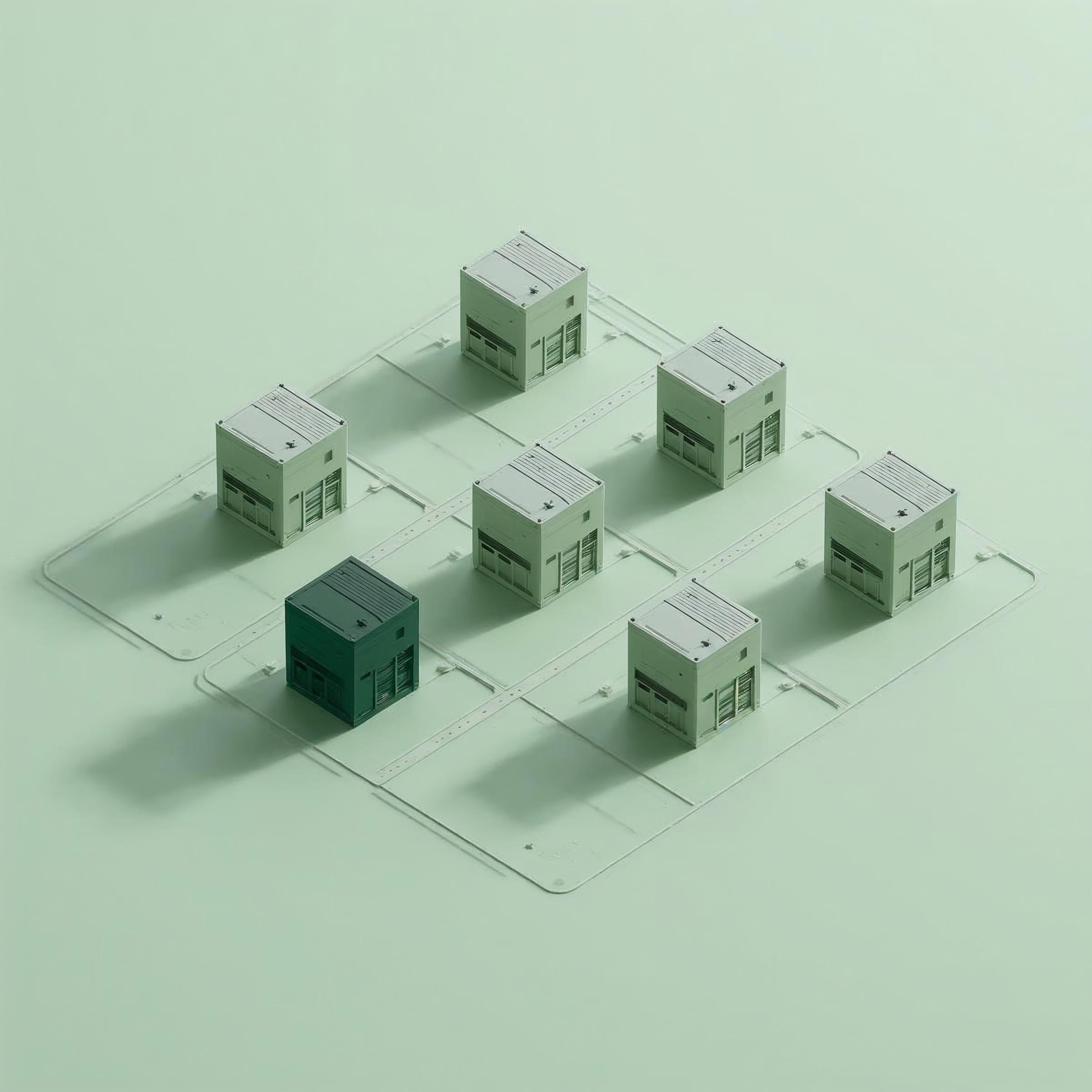 3D illustration of modular cubes arranged on a grid with one highlighted dark cube