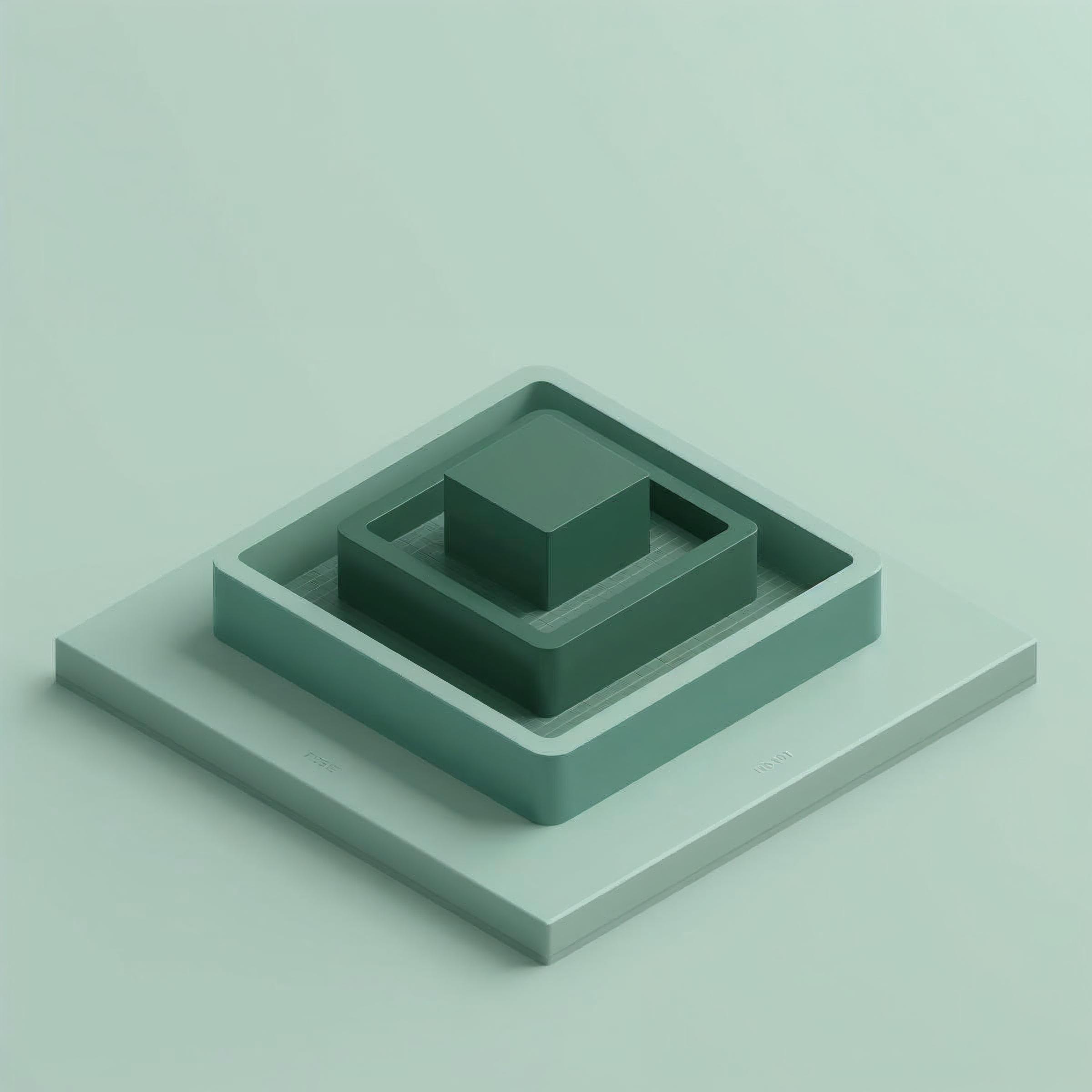 3D illustration of nested square frames building upward in shades of green